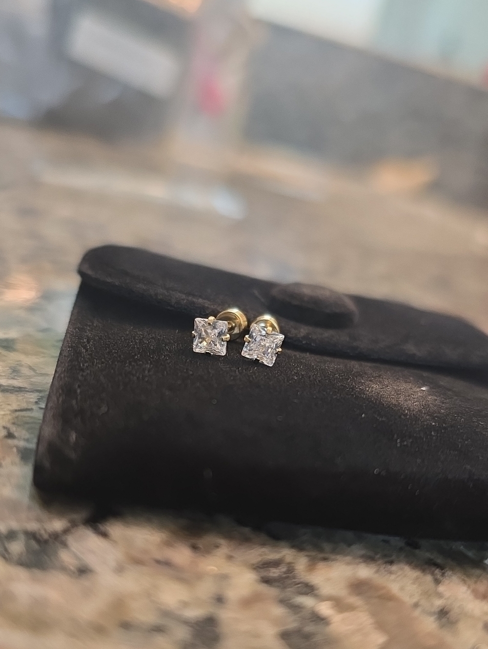 Plunder--Gold Cubic Zirconia Square Stud Earrings - Clear Stones